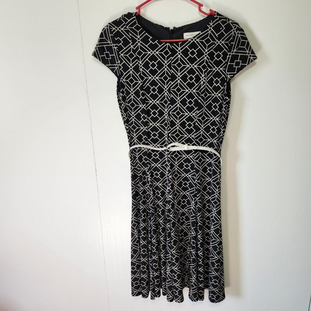 Christopher & Banks Black White Geometric Fit Flare Midi Dress Belt NWT S